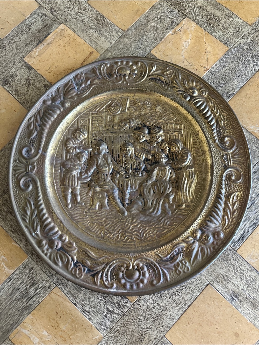 Decorative Embossed Metal Serving Plate - Antique-Style Bronze